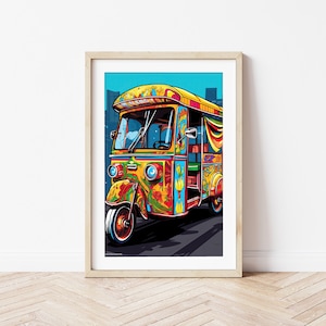 Blue Pakistani Rickshaw - Digital Home Decor Wall Art, South Asian Art