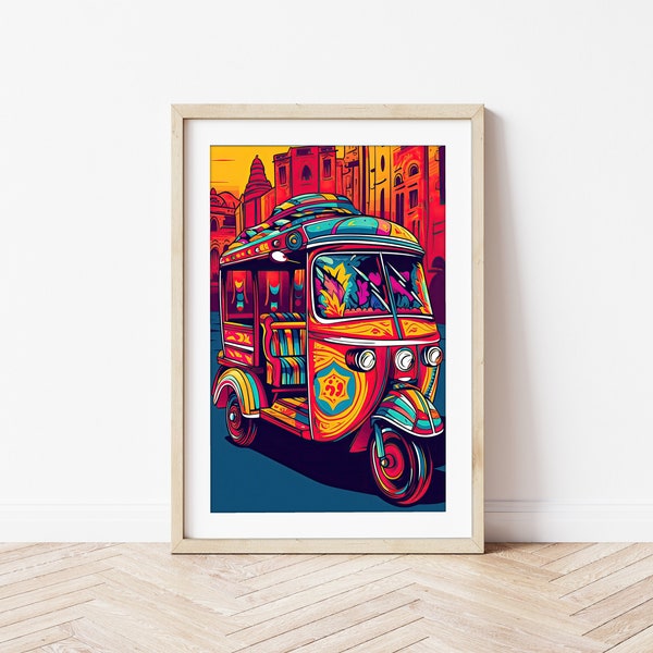 Red Pakistani Rickshaw - Digital Home Decor Wall Art, South Asian Art