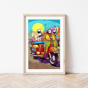 Pakistani Street Charm - Comic Art Print van Oranje Scooter, Digitale Illustratie, Wanddecoratie