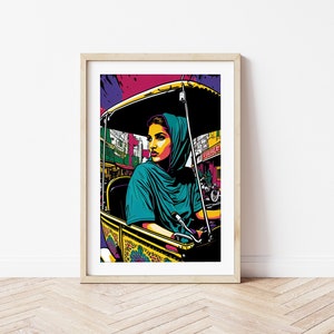 South Asian Woman in Rickshaw - Pop Art Style Colourful Wall Art, Indian/Pakistani Home Decor