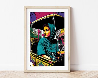 South Asian Woman in Rickshaw - Pop Art Style Colourful Wall Art, Indian/Pakistani Home Decor