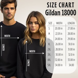 以下が含まれることがあります： Gildan 18000のサイズチャートが付いた黒いスウェットシャツ。Sから5XLまでのサイズが記載されており、幅と長さの測定値はインチです。男性と女性がスウェットシャツを着ています。