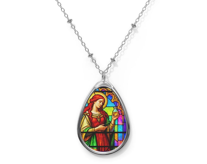 Mary Magdalene Stained Glass Oval Necklace, Teardrop Pendant