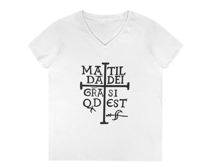 Ladies' V-Neck T-Shirt featuring the signature of Matilda of Tuscany!