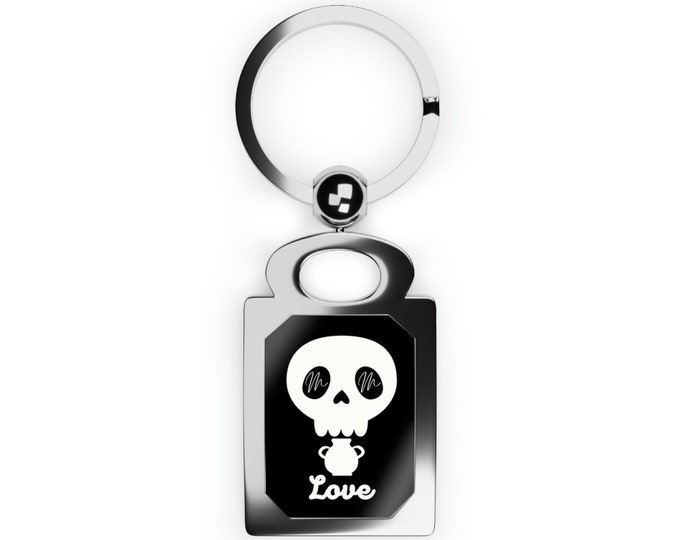 Rectangle Keyring with Mary Magdalene Love Skull logo, black and white.