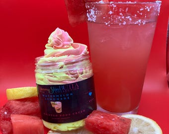 Crema batida corporal de limonada y sandía, manteca de karité, humectante, loción, cuidado de la piel, loción corporal, crema corporal, baño y cuerpo, manteca corporal orgánica