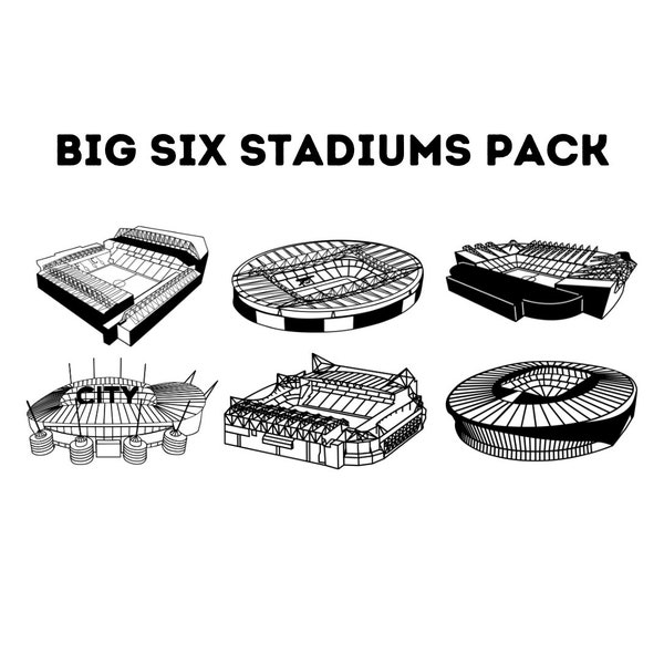 Lot BIG SIX stade, fichiers coupés du stade Londres Liverpool Manchester, fichiers glowforge, stades de décoration murale design numérique