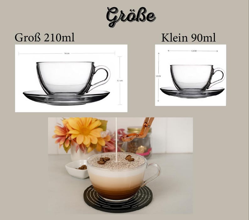 May include: Clear glass teacups and saucers. One cup is labeled as 210ml and the other as 90ml. The image also shows a cup of coffee with foam and coffee beans on top, sitting on a black coaster.