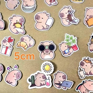 Puede incluir: Una colección de pegatinas de capibaras adorables, cada una con diseños únicos. Algunos capibaras sostienen alimentos como tacos y helados, mientras que otros usan gafas de sol o usan una computadora portátil. Las pegatinas miden aproximadamente 5 cm.