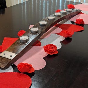 Valentine&#39;s Day Candle Centerpiece, Dark Walnut Banded Wine Barrel Votive Holder, 7 candle holders, Valentine&#39;s Day Centerpiece