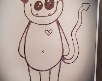 Gematteerde foto van originele pen- en inkttekening, "Happy Demon Creep"