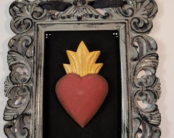Framed Crowned wood heart original art piece