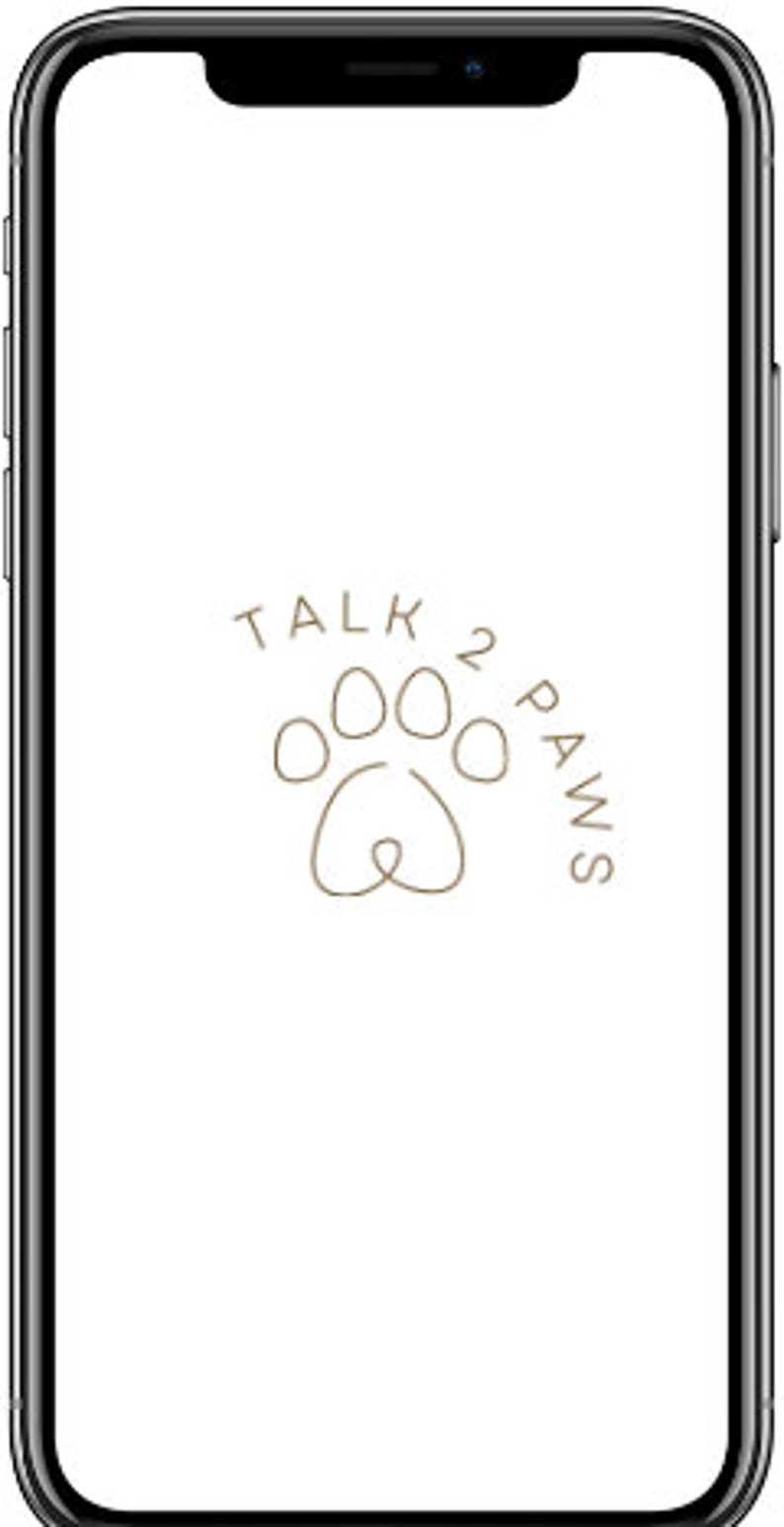 以下が含まれることがあります： 白いiPhoneの画面に、茶色の肉球のロゴと、その周りに「TALK 2 PAWS」という文字が表示されています。