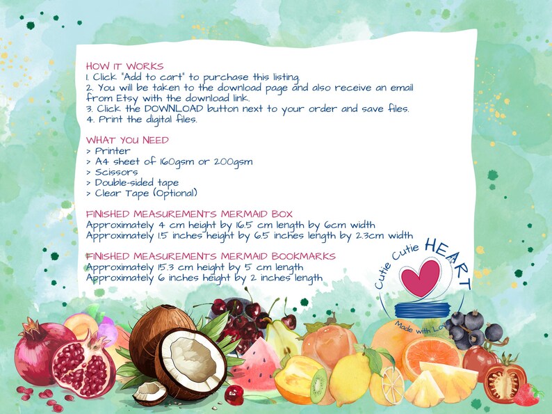 Printable Fruits Bookmarks and Box - Instant Pdf DOWNLOAD - Long Box ...