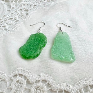 Handmade Green Sea Glass Earrings, Natural Dangle Drop Earrings, Tropical Beach Treasure, Ocean-Smoothed Glass, Unique Shapes, Beach Glass