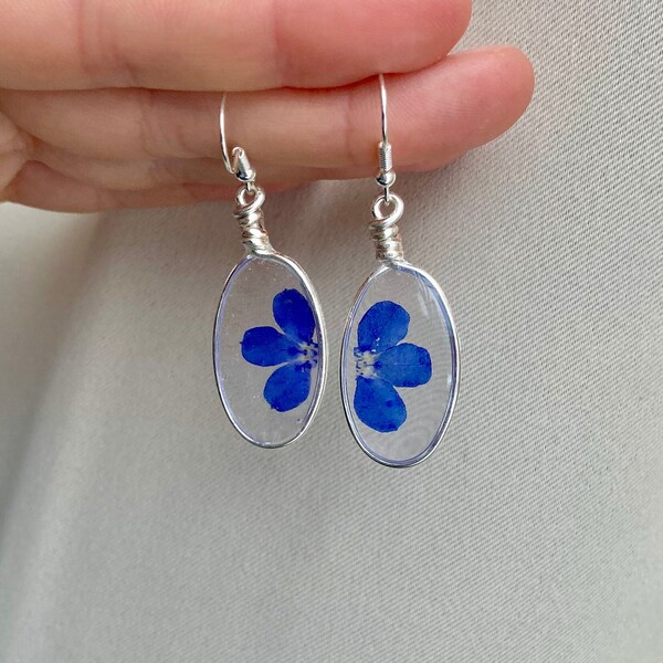 Handmade Blue Flower Earrings, Real Dry Pressed Blue Lobelia Flowers, Oval Dangle Drop Earrings, Beautiful Dainty Epoxy Resin Jewelry