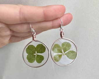 Handmade Real 4-Leaf Clover Earrings, Dry Pressed Lucky Green Circle Dangle Drop Earrings, Beautiful Nature Epoxy Resin Jewelry