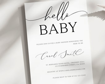 Editable Minimalist Baby Shower Invitation, Modern Baby Shower Invitation, Black and White, Simple Baby Shower, Hello Baby Shower, BBS55