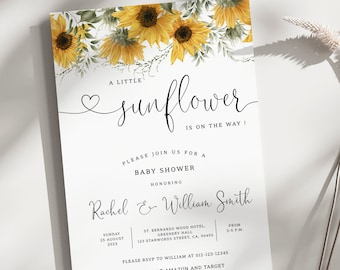 Editable Sunflower Baby Shower Invitation, Yellow Floral Printable Invite, Girl Rustic Sunflower, Baby Shower Invite, Summer baby, BBS65
