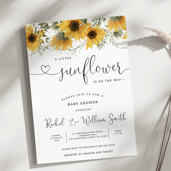 Editable Sunflower Baby Shower Invitation, Yellow Floral Printable Invite, Girl Rustic Sunflower, Baby Shower Invite, Summer baby, BBS65