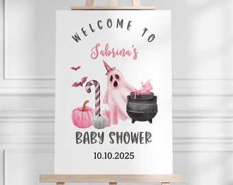 Editable Pink Halloween Baby Shower Welcome Sign, Pink A Little Boo Baby Shower Welcome, Girl Halloween Welcome Poster, Witch Welcome, BBS95