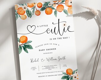 Editable A Little Cutie is on the Way Invitation, Citrus Baby Shower, Gender Neutral, Couples Baby Shower Invitation, Orange Baby, BBS59