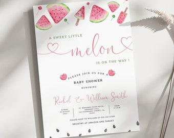 Editable Pink Watermelon Baby Shower Invitation Bundle, Watermelon Baby Shower Invite, A Sweet Little Melon Baby Shower, Watermelon, BBS79