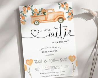 Editable A Little Cutie is on the Way Invitation, Truck Citrus Baby Shower, Gender Neutral, Couples Baby Shower Invite, Orange Baby, BBS60
