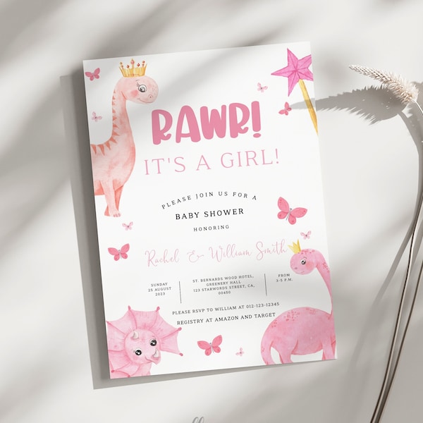 Editable Rawr It's a Girl Dinosaur Baby Shower Invitation, Pink Pastel Dinosaur, Baby Girl Baby Shower, Coed Baby Shower, Roar-some, BBS80