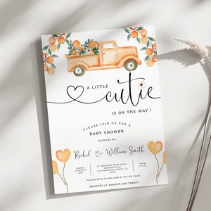 Convite editável "Um fofinho está a caminho", chá de bebê Truck Citrus, gênero neutro, convite para chá de bebê de casal, bebê laranja, BBS60