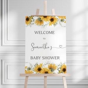 Letrero de bienvenida de girasol editable para baby shower, letrero floral amarillo imprimible, baby shower de niña, bienvenida de baby shower, decoración de baby shower, BBS65
