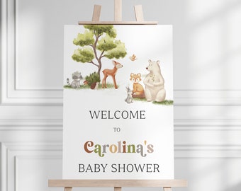 Redigerbar välkomstskylt för babyshower med skogsdjur, babyshowerdekoration i skogsmark, välkomstskylt med skogsmark, skogsdjur, banderoll, BBS75