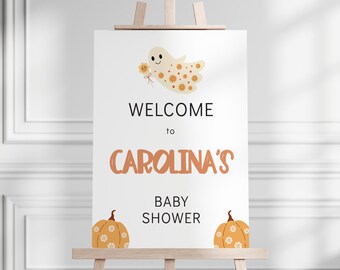 Editable Retro Halloween Baby Shower Welcome Sign, Ghost Halloween Baby Shower Welcome, Daisy Halloween Baby Shower, Pumpkin Baby, BBS117