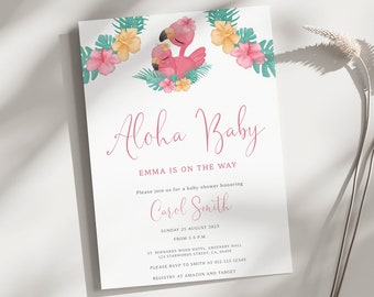 Editable Flamingo Baby Shower Invitation, Tropical Baby Shower, Hawaii Baby Shower, Aloha Baby Shower, Girl Baby Shower Invitation, BBS88