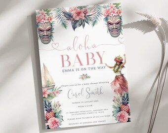 Editable Pastel Hawaii Baby Shower Invitation, Tropical Baby Shower, Hawaii Baby Shower, Aloha Baby Shower, Tiki Man, Baby Girl, BBS87