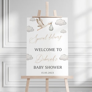 Editable Stork Baby Shower Welcome Sign, Special delivery baby, Coed Baby Shower, Stork with baby in blanket, Gender Neutral, Minimal, BBS15