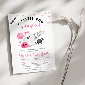 Editable Pink A Little Boo Baby Shower Invitation, Ghost Halloween Baby Shower Invite, Girl Halloween Baby Shower Invite, BBS92