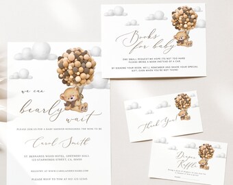 Editable Gender Neutral Bear Baby Shower Invitation Bundle, We Can Bearly Wait Baby Shower Invite, Brown Boho Bear Baby Shower, BBS40