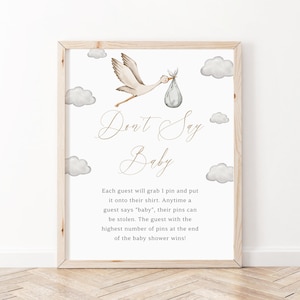 Stork Baby Shower Dont Say Baby Sign, Special delivery Baby Shower, Stork Baby Games, Stork with baby in blanket, Flying Stork, BBS15