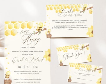 Editable Honey Bee Baby Shower Digital Invitation Bundle, Diaper raffle, Thankyou card, Sweet as can Bee Baby Invite, Books for baby, BBS08