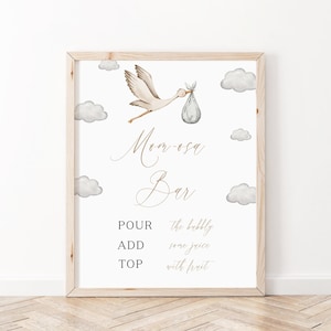 Stork Baby Shower Mom-osa Bar Sign, Drinks Sign, Special delivery Baby Shower,  Stork with baby in blanket, Flying Stork, Stork Games, BBS15