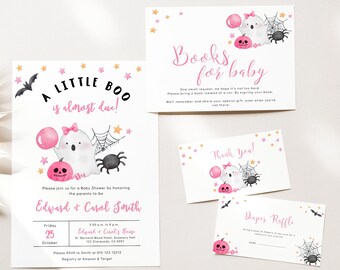 Editable Pink A Little Boo Baby Shower Invitation Bundle, Ghost Halloween Baby Shower Invite, Girl Halloween Baby Shower Invite, BBS92