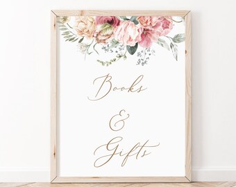 Könnte beinhalten: Ein druckbares Schild mit einem floralen Rand in Rosa- und Pfirsichtönen. Das Schild lautet "Bücher & Geschenke" in goldener Schrift.
