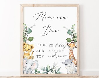 Safari Animals Mom-osa Bar Sign, Drinks Sign, Safari Jungle Baby Shower, Greenery Animals Baby Shower, Forest Animals, Safari Signs, BBS22