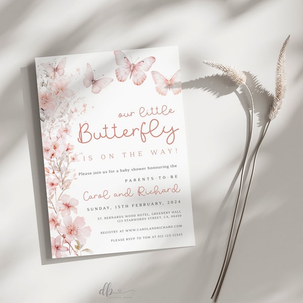 Editable Our Little Butterfly Is On The Way Invitation, Boho Butterfly Baby Shower Invitation, Wildflower Boho Baby Shower Invite, BBS107