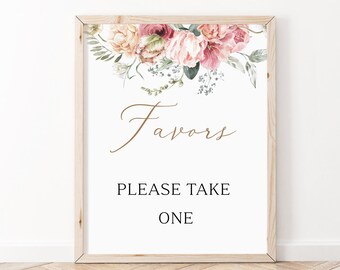 Könnte beinhalten: Ein weißes Schild mit einem Holzrahmen und einem floralen Design oben. Das Schild sagt "Favors" in Kursivschrift und "Please Take One" in Großbuchstaben.