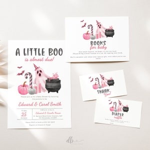 Editable Ghost Halloween Baby Shower Invitation Bundle, Pink A Little Boo Baby Shower Invite, Girl Halloween Baby Shower Invitation, BBS95