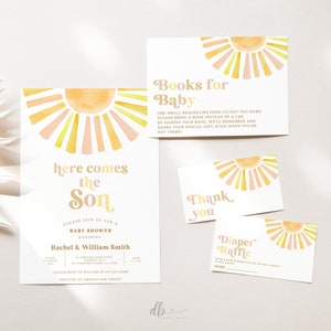 Paquete de invitaciones para baby shower "Sunshine", "Aquí viene el hijo", Libros para bebé, "Eres mi sol", Baby shower mixto, Rifa de pañales, BBS73