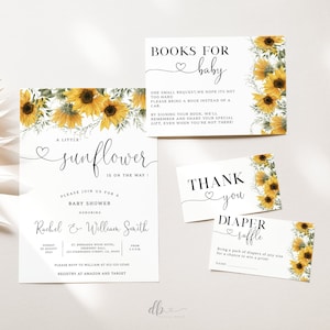 Editable Sunflower Baby Shower Invitation Bundle, Yellow Floral Printable Invite, Diaper raffle card, Books for Baby, Thankyou card, BBS65
