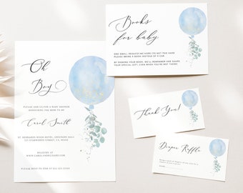 Editable Oh Boy Baby Shower Invitation Bundle, Blue Balloon Baby Shower Invitation, Blue Boy Eucalyptus Baby Shower Invitation, BBS38